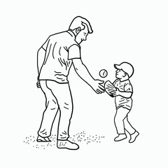 Joyful and Inspirational Scene of a Loving Father Patiently Teaching His Enthusiastic Young Son the Fundamentals of Baseball with a Gentle Toss of the Ball on a Bright and Sunny Outdoor Field