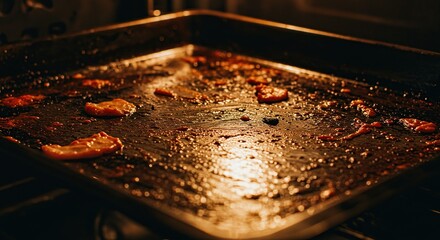Close up of a dirty oven tray with burnt food residue and grease