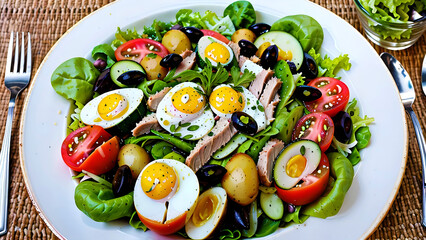 French salad Nicoise with tuna, boiled potatoes, egg, black olives, cucumbers, tomatoes and lettuce, Top view, Copy space