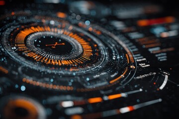 Abstract futuristic digital interface with glowing orange concentric circles and data streams