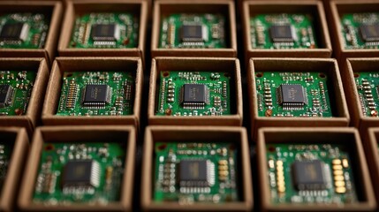 Microchips packed in boxes close-up