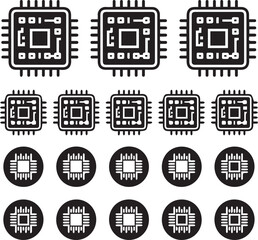 set of microchip and processor icons black and white vector designs for technology ui and branding