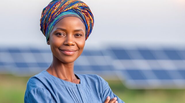Woman in headwrap near solar panels smiling - Powered by Adobe