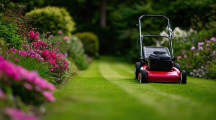 Red lawn mower cutting grass along colorful flower garden
