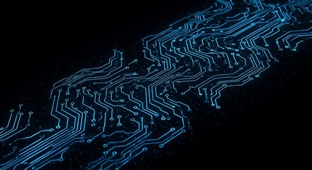 Abstract blue circuit board pattern on a black background, representing technology, connectivity, and the intricate pathways of modern electronics