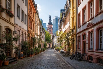 Fototapeta premium Cobblestone street lined with historic buildings and a distant church tower