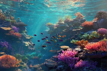 Obraz premium Vibrant coral reef teeming with small fish in clear blue ocean water