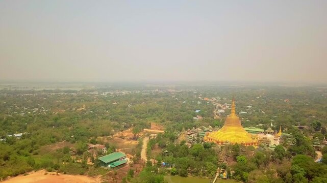  Futuristic aerial view panorama of developing Yangon city , Aerial view of Sule pagoda in downtown, Yangon, Myanmar. Sule Pagoda located in the heart of Yangon, Karaweik royal barge, Kandawgyi Lake, 