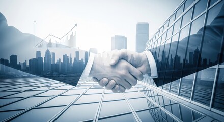 Business handshake over cityscape and financial graph overlay symbolizing partnership and global commerce
