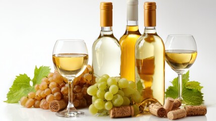 Obraz premium Three bottles of white wine sit next to glasses filled with wine accompanied by fresh green and golden grapes and corks scattered around creating a cheerful atmosphere.