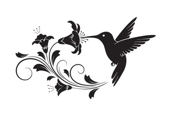 Black silhouette of a hummingbird feeding from stylized flowers and swirling floral elements white