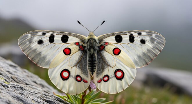 Majestic Apollo Butterfly (Parnassius apollo) Perched on a Plant in its Natural Alpine Habitat