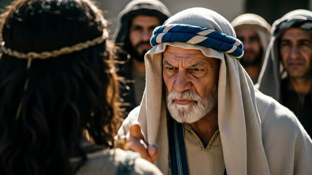 Old man pharisee angry at woman in biblical times. Condemnation and judgment concept. Ancient people from the East footage.