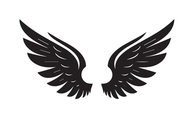 Black silhouette of feathered wings spread wide against a white background feathers