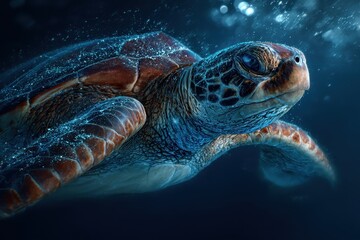 Fototapeta premium Majestic sea turtle glides gracefully through deep blue ocean water