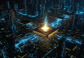 Central processing unit cpu with glowing light trails, representing data processing, artificial intelligence, and advanced technology concept
