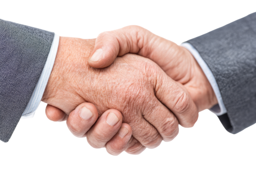 Close-up of two hands shaking, signifying a business agreement or partnership.  The hands are clasped firmly in a handshake, with visible wrinkles and textures.  Gray business suits are visible.  
