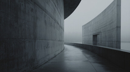 Curved Concrete Architecture Path in Fog – Minimal Urban Design Photography