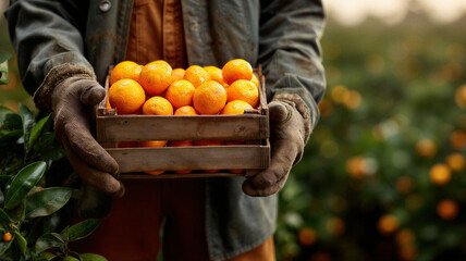 Farmer Holding Wooden Crate of Fresh Oranges – Sustainable Agriculture Concept