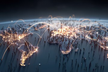 Global network of glowing connections spanning across a stylized world map