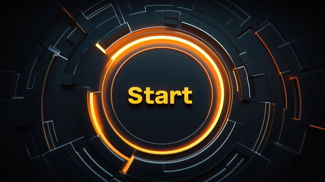 Futuristic circular technology interface with glowing orange accents and the word 'Start'.