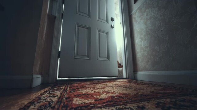 Light streaming through an open door onto a patterned rug  