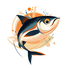 Tuna illustration with orange and blue colors on a white background for decor