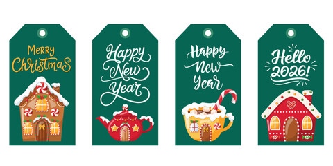 Christmas and New Year Gift Tags with Gingerbread Houses