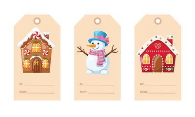 Christmas Gift Tags with Gingerbread Houses and Snowman