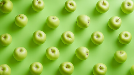 Fresh green apples arranged on a vibrant green background.