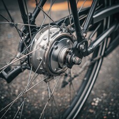 Fototapeta premium Close up of bicycle wheel hub with spokes and brake elements