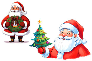 Santa Wreath and Tree Christmas Cartoon Duo with Holiday Decor