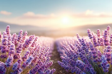 Obraz premium A serene lavender field at sunrise, showcasing rows of purple flowers under a pastel sky, with a warm glow illuminating the tranquil scene and distant hills.