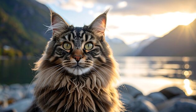 A striking feline with intelligent eyes gazes directly at the camera, bathed in the golden light of sunset over a tranquil lake and mountain backdrop