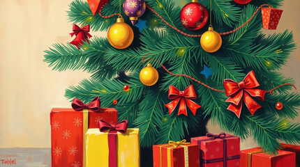 Close-up decorated Christmas tree, ornaments, wrapped gifts blank post card wallpaper