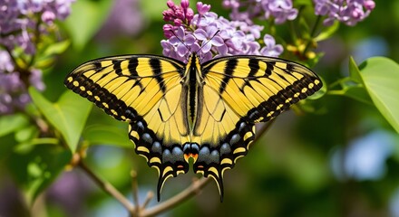Vibrant Eastern Tiger Swallowtail Butterfly Perched on Purple Lilacs