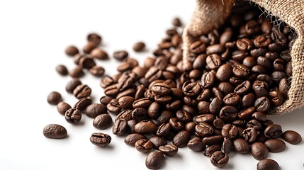 Fototapeta premium Coffee beans spilling from a burlap sack on a white surface in a close up studio shot view