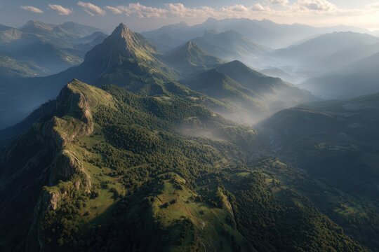 Aerial view of a breathtaking mountain range covered in lush greenery, bathed in soft sunlight, with fog hugging the valleys, a serene and majestic natural landscape.