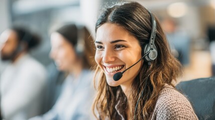 A cheerful customer service representative wearing a headset helps clients with their inquiries in a bustling call center environment. Her smile reflects positive energy and engagement.