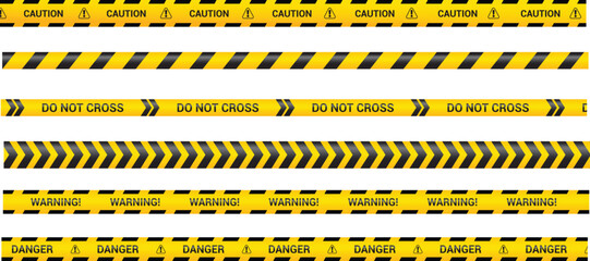 Caution tape set of yellow warning ribbons isolated on white background. Abstract warning lines for police, accident, under construction. Vector illustration of danger tape collection.