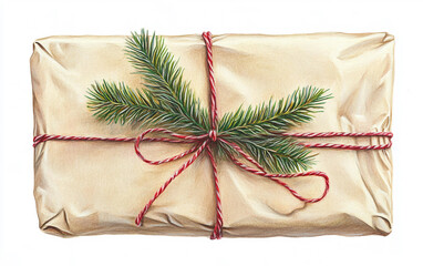 Handmade holiday gift box styled with kraft paper wrapping and natural Christmas decoration isolated on white background PNG