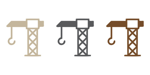 Fototapeta premium Set of three industrial tower cranes in various muted colors, a simple flat vector icon representing construction, heavy lifting, engineering, and urban development.