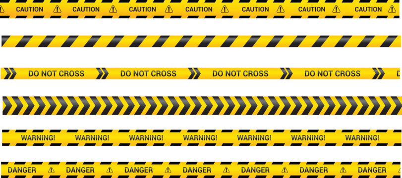Caution tape set of yellow warning ribbons isolated on white background. Abstract warning lines for police, accident, under construction. Vector illustration of danger tape collection.