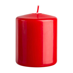 A vibrant, cylindrical, red candle stands alone with a wick, against a stark black background