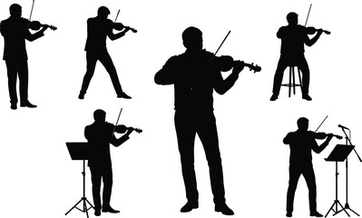 Obraz premium Violinist silhouette set, classical music performance, seated and standing poses, music stand, microphone, expressive posture, orchestral art, vector illustration