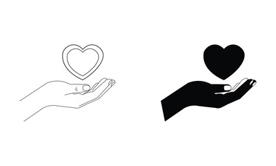 Minimalist vector illustration of two hands holding heart icons side by side, one outlined and one solid, on white background