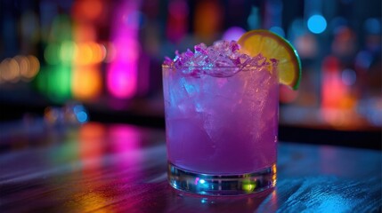 A refreshing cocktail sits on a bar counter filled with crushed ice and a slice of lime. Colorful lights create a lively atmosphere emphasizing the drinks vibrant hue.
