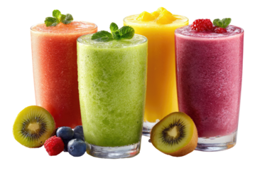 Four colorful fruit smoothies in glass cups, garnished with fresh fruit and mint