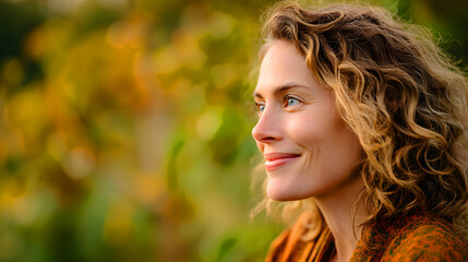 Woman With Curly Hair Smiling In Golden Autumn Light