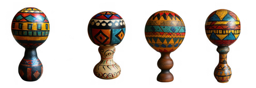 Four colorful, handpainted maracas with intricate geometric patterns, isolated on transparent background